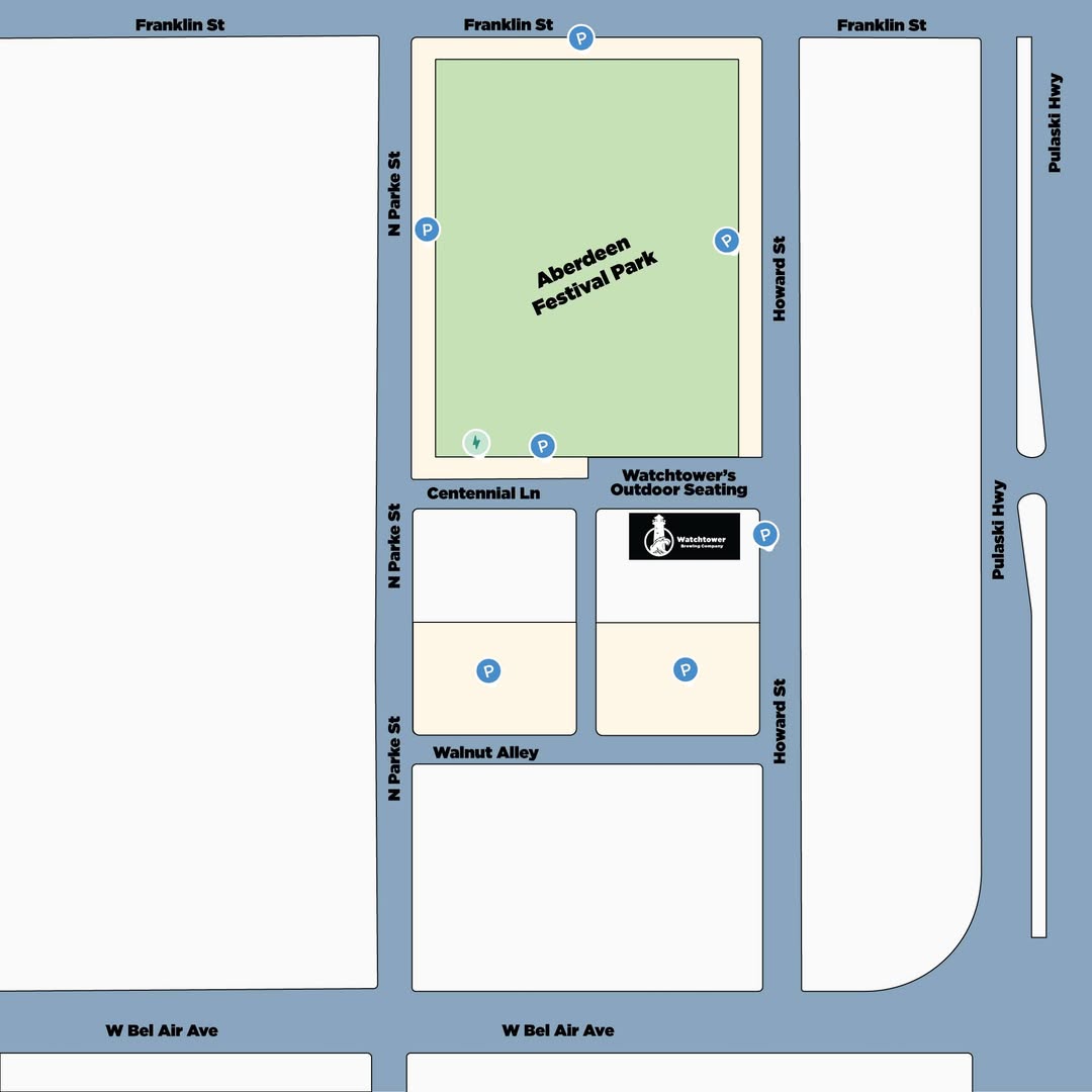 Parking map for Aberdeen Festival Park showing the two municipal lots off Walnut Alley next to Watchtower Brewing, plus public lots and street parking around the park off Franklin St, N Parke St, and Howard St.